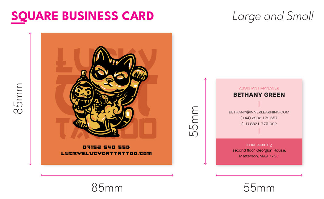 Diagram showing large and small square business cards with measurements 85mm x 85mm and 55mm x 55mm