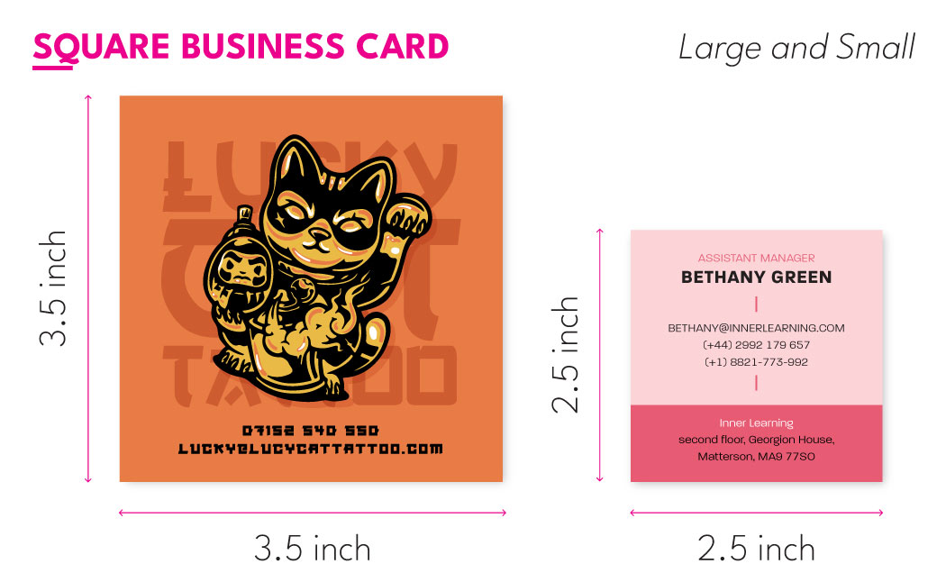 Diagram showing large and small square business cards with measurements 3.5 inches x 3.5 inches and 2.5 inches x 2.5 inches