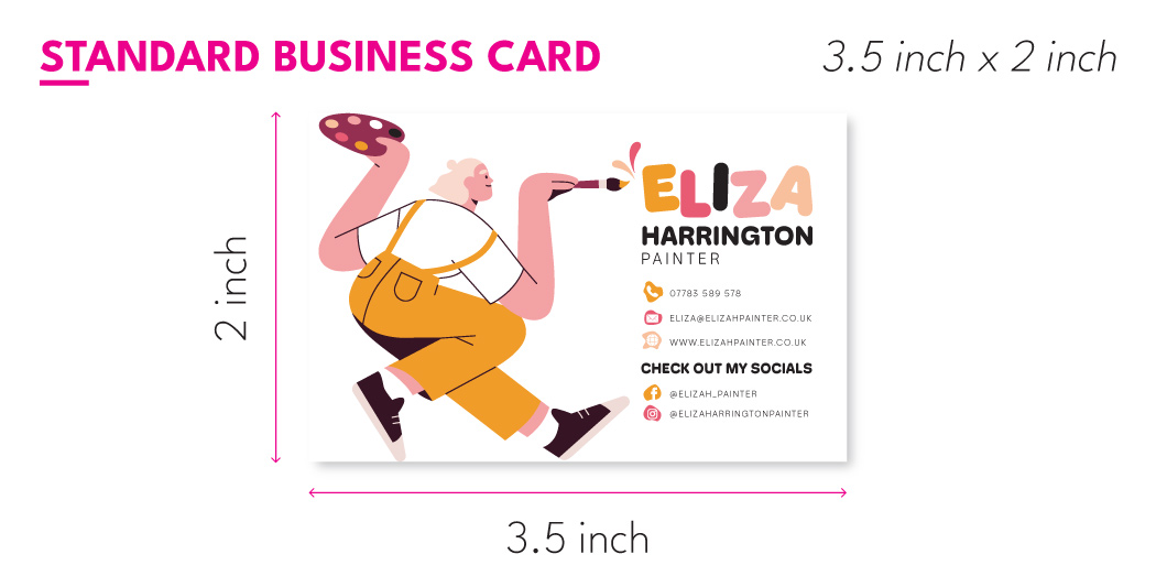 Diagram showing standard business card with measurements 3.5 inch x 2 inch