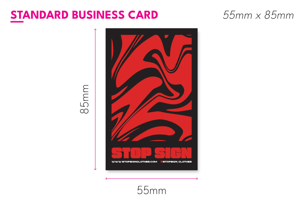 Diagram showing standard portrait business card with measurements 55mm x 85mm