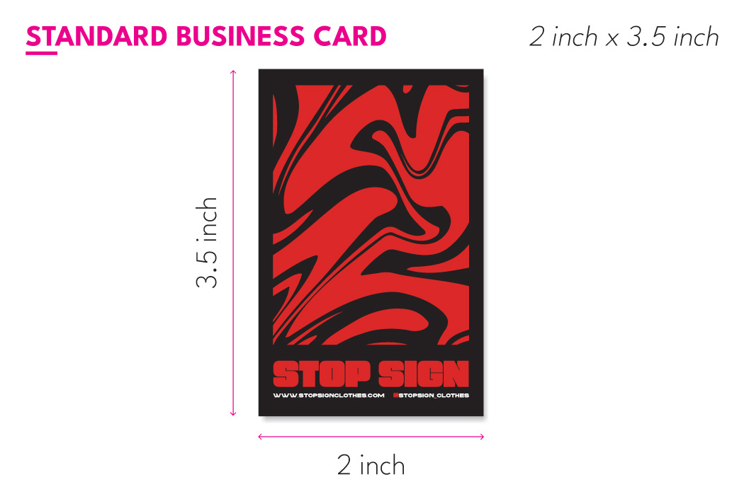 Diagram showing standard portrait business card with measurements 2 inches x 3.5 inches