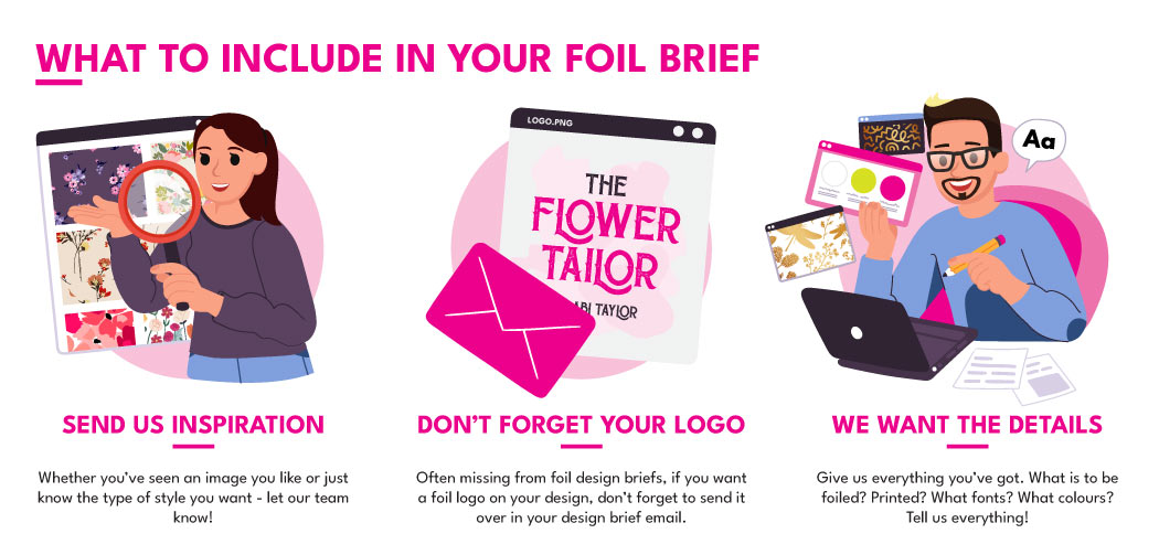 What to include in a foil design brief: send inspiration, don't forget your logo, we want the details
