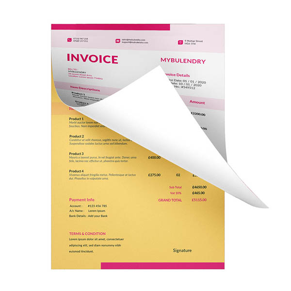 Custom printed invoice pad showing 2 pages printed on different stock colors