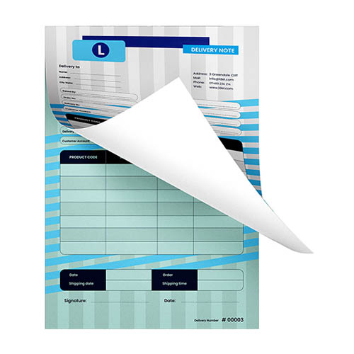 Custom printed duplicate NCR pad showing 4 pages printed on different stock colours