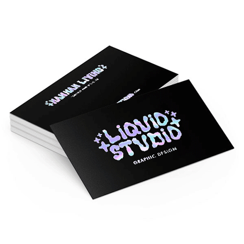 Foil business card - Liquid Studio black business cards featuring holographic purple foil logo for graphic design branding identity