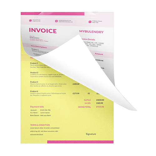 Custom printed invoice pad showing 2 pages printed on different stock colors