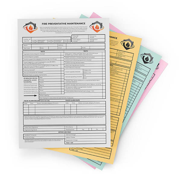 Custom printed duplicate NCR pad showing 4 pages printed on different stock colors