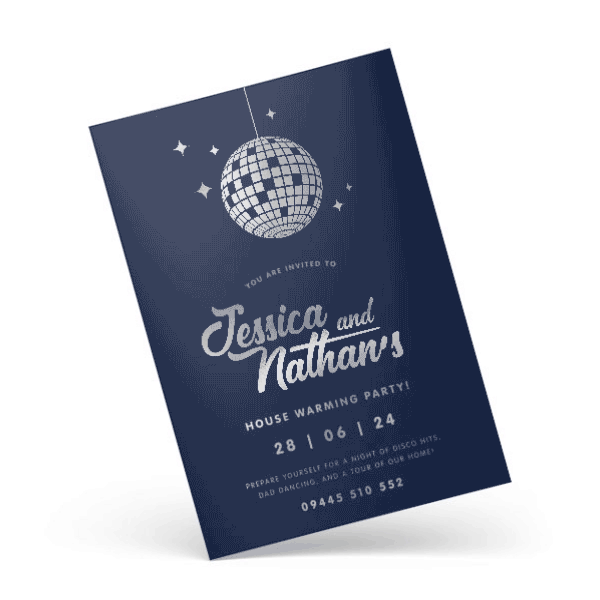 Foil invitations - Navy blue house warming party invitation with silver disco ball and elegant script lettering design