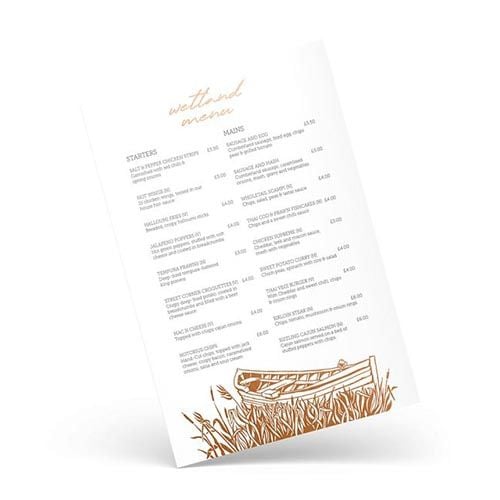 Metallic foil menus - Rustic restaurant menu design featuring minimalist gold typography and hand-drawn wheat illustration on cream background