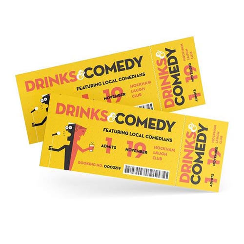 Two fanned yellow tickets for a fictional comedy night, featuring playful designs and details.