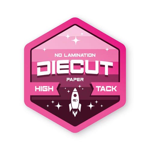 Pink hexagonal die-cut sticker with a unique shape.