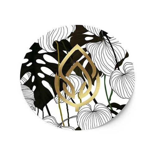 Foil stickers - Tropical botanical sticker with gold foil monstera leaf design on black and white pattern
